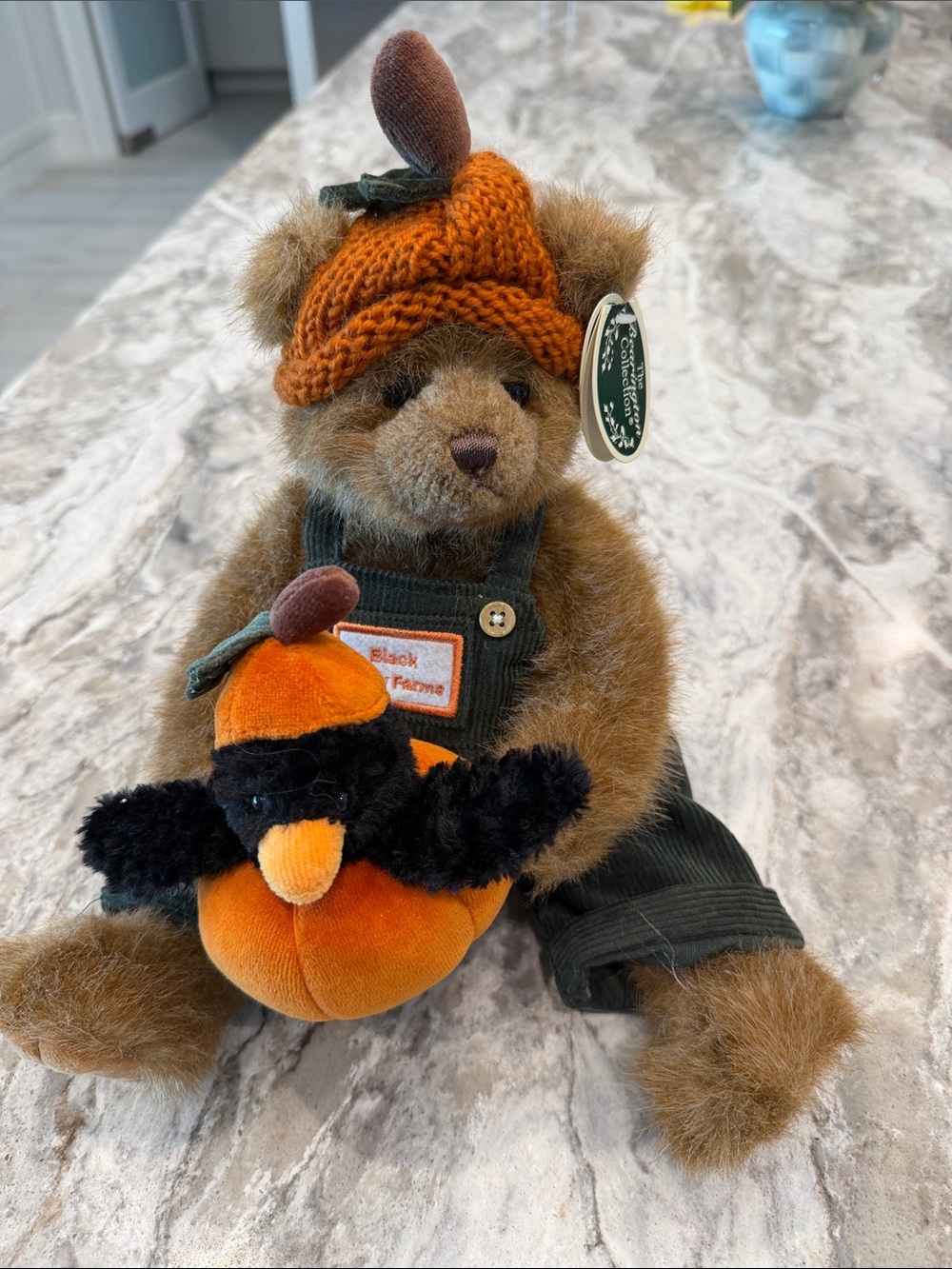 Bear Plush with Orange Knit Hat and Pumpkin Toy - Kids Hat Accessory